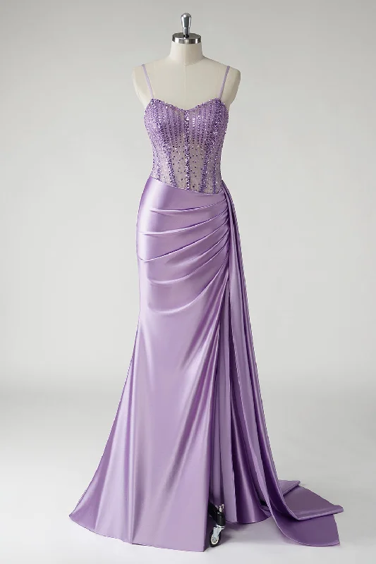 High-waisted Dresses for Flatter -Sparkly Purple Corset Satin Side Cape Long Prom Dress with Slit