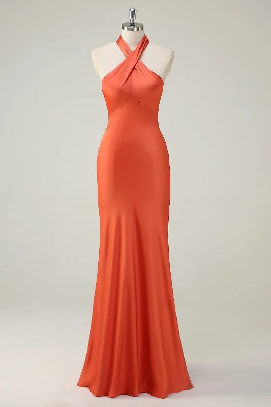 Off-shoulder Dresses for Feminine -Orange Mermaid Cross Halter Open Back Long Bridesmaid Dress