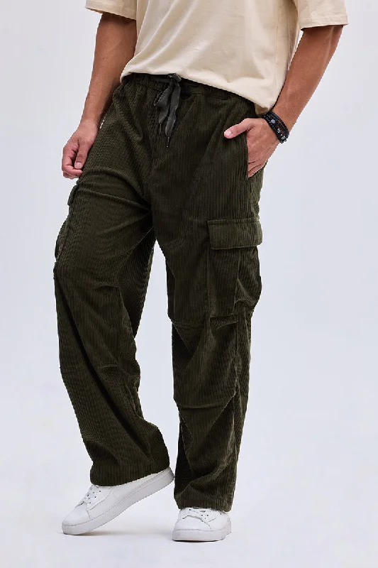 Cargo Pants with Cargo Pockets for Engineers -Olive Corduroy Baggy Fit Cargo