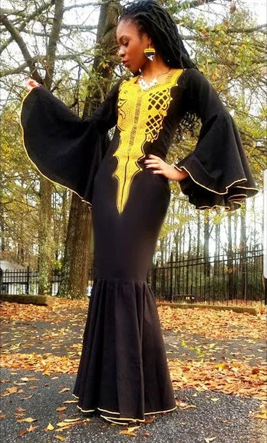 High-waisted Dresses for Flatter -Regal Black Panther Dress with Gold Embroidery-DPBLKP12