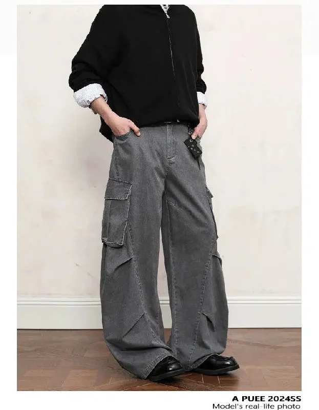 Cargo Pants with Cargo Pockets for Farming -Faded Pleats Wide Cargo Pants