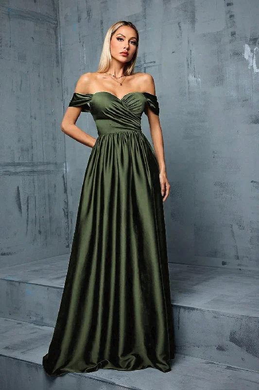 Valentine's Day Dresses for Romance -Army Green Off the Shoulder Satin A-Line Long Prom Dress