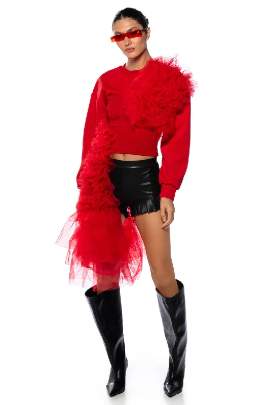 Blouses for Maternity Wear -FEELING RED TULLE LONG SLEEVE SWEATSHIRT