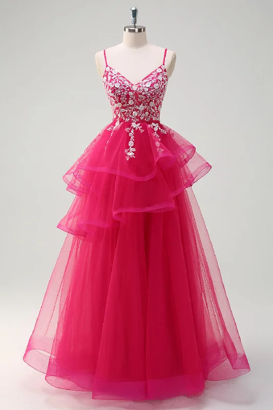 Elastic Dresses for Fit -Sparkly Fuchsia A-Line Spaghetti Straps Ruffles Tulle Long Prom Dress with Appliques