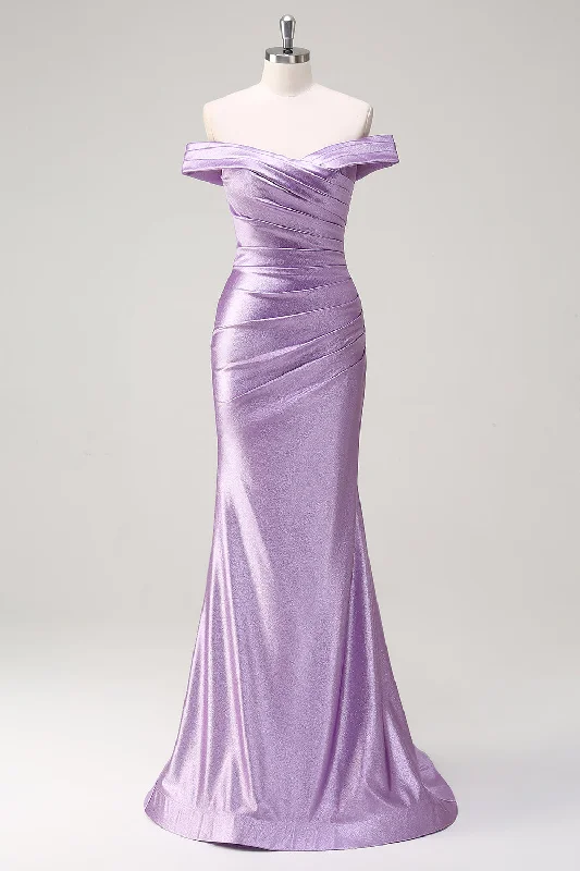 Halter Dresses for Chic Style -Lilac Mermaid Off the Shoulder Ruched Long Prom Dress