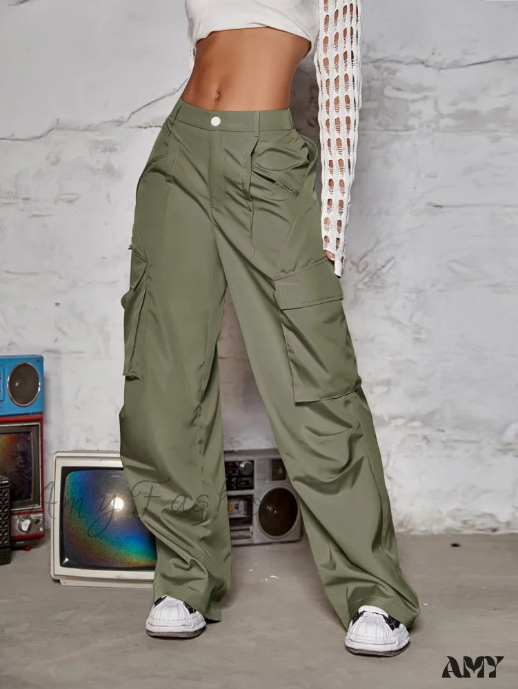 Cargo Pants for Women with Slim Fit -Amy Fashion - Street Flap Pocket  Wide Leg Cargo Pants