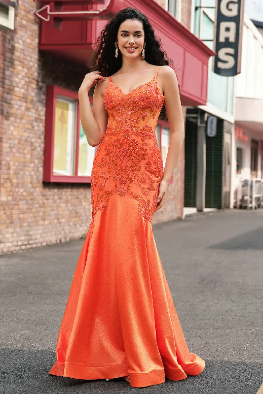 Long-sleeved Dresses for Coverage -Orange Mermaid Corset Spaghetti Straps Beaded Long Prom Dress