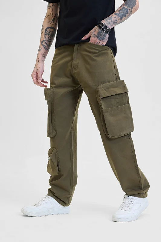 Cargo Pants with Cargo Pockets for College Sports -Olive Relaxed Fit Multi-Pocket Cargo Pants