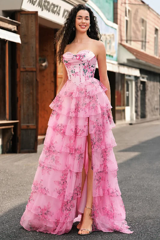 Party Dresses for Celebration -Floral A Line Strapless Corset Tiered Blush Prom Dress with Slit