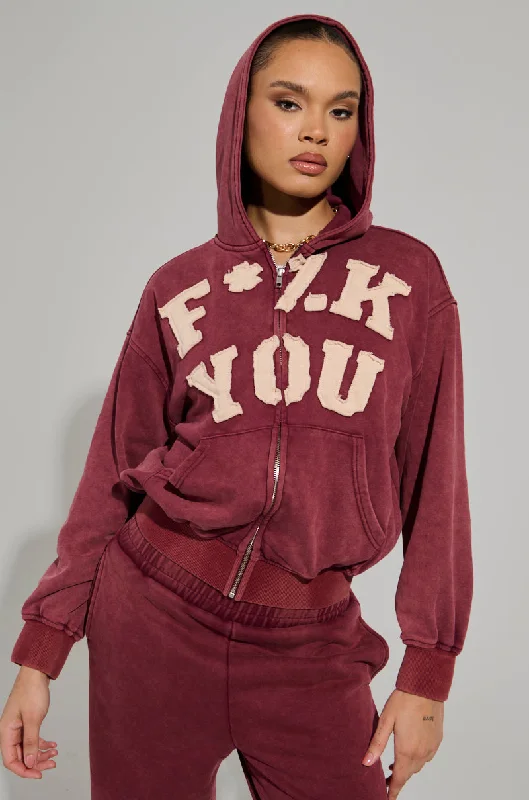 Sheer Blouses for Alluring -GRAPHIC LANGUAGE MINERAL WASH ZIP UP SWEATSHIRT IN BURGUNDY