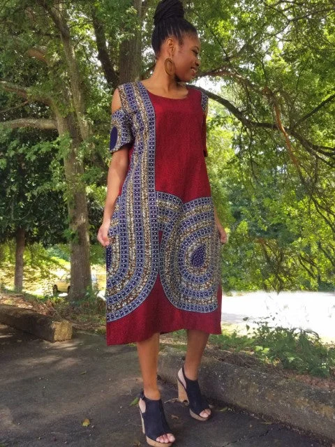 Flared Dresses for Retro -Burgundy Dupsie's Exclusive African Print Dress-DPX340