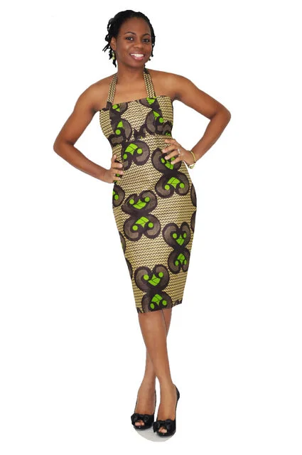 Red Dresses for Statement -Brown and Green African Print Halter Dress