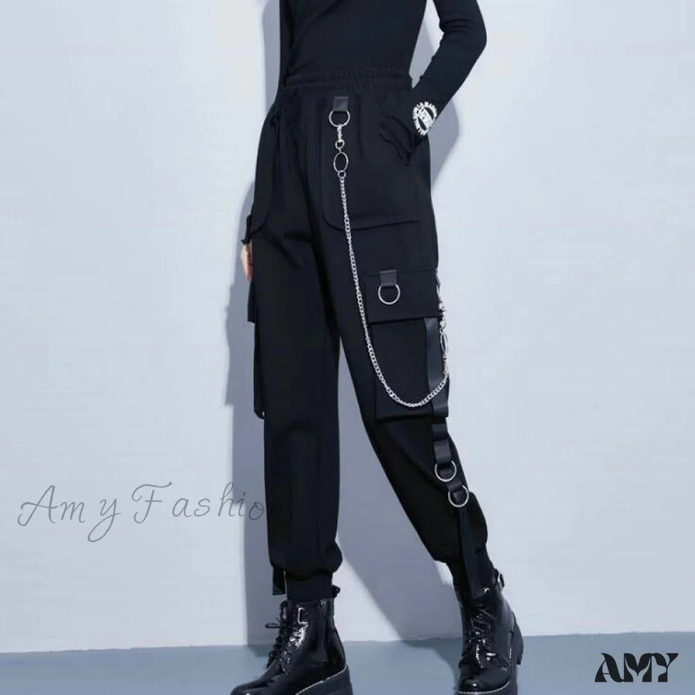 Cargo Pants with Cargo Pockets for Gym -Amy Fashion - Punk Black Female Joggers Cargo Pants