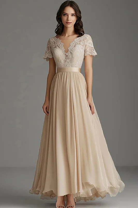 Retro Dresses for Throwback -A Line Champagne Tulle V Neck Pleated Mother Of The Bride Dress