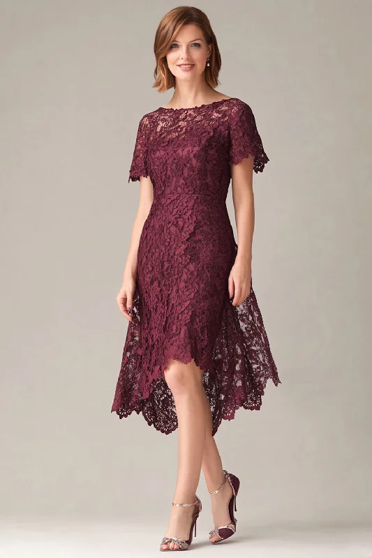 Low-waisted Dresses for Relaxed -Burgundy Sheath Lace Short Sleeves Hi-Low Mother of the Bride Dress