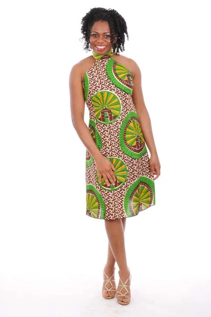 Midi Dresses for Versatile Wear -Elegant African Print Halter Dress-DP3039