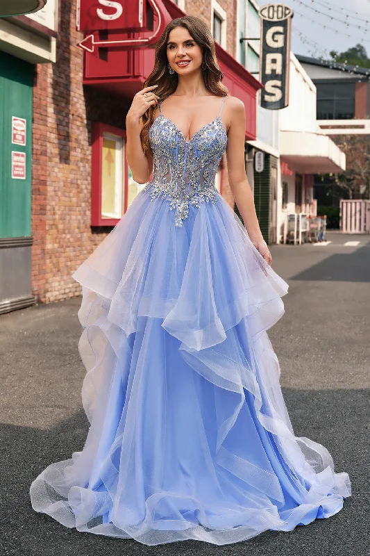 Modern Dresses for Trendy -Sparkly Light Blue A Line Spaghetti Straps Spiral Ruffles Long Prom Dress with Sequins