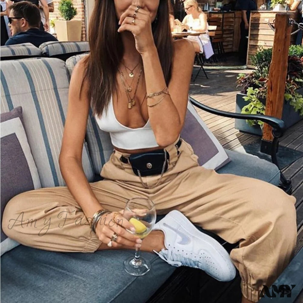 Cargo Pants with Cargo Pockets for Skateboarding -Amy Fashion - Chain Loose Pants Hip Pop Trousers Streetwear