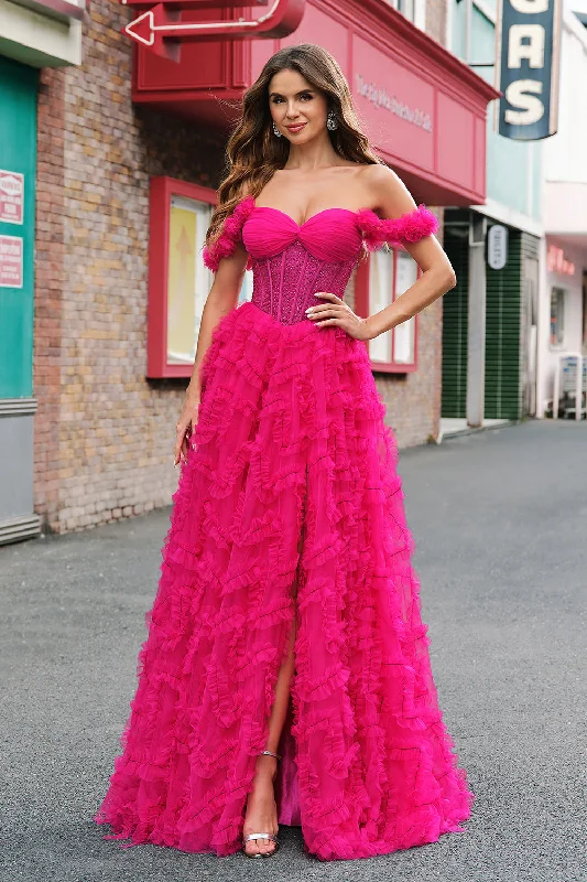 Retro Dresses for Throwback -Fuchsia Tiered A-Line Off the Shoulder Long Corset Prom Dress with Beading