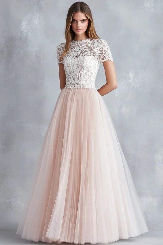 Belted Dresses for Shaping -Light Pink A Line Lace Tulle Bridesmaid Dress With Short Sleeves