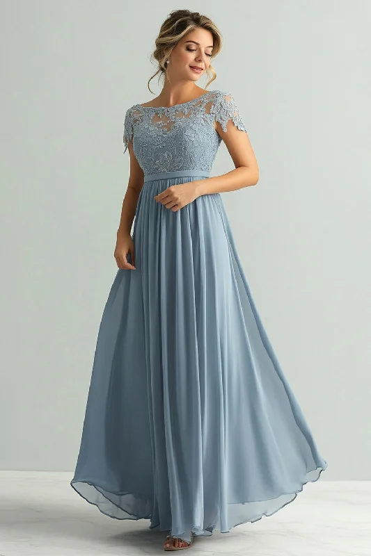 Gray Dresses for Subtle -Lace A Line Dusty Blue Chiffon Round Neck Short Sleeves Mother of The Bride Dress