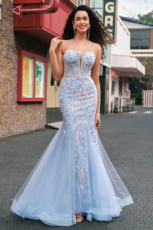 Halter Dresses for Chic Style -Light Blue Floral Beaded Mermaid Spaghetti Straps Tulle Prom Dress