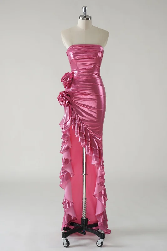 Wool Dresses for Warmth -Sparkly Fuchsia Metallic Strapless Prom Dress with Slit