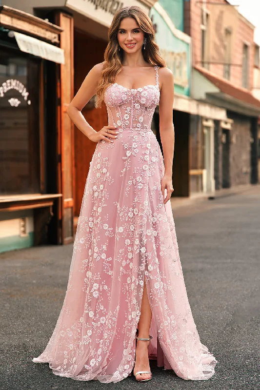 Shift Dresses for Simple Look -A Line Blush Spaghetti Straps Sequin Corset Prom Dress With Slit