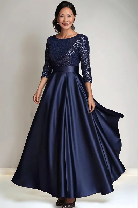 Spandex Dresses for Flexible -Sparkly A Line Sequin Long Sleeves Navy Long Mother of The Bride Dress