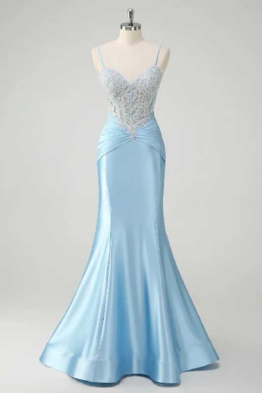 Beach Dresses for Coastal -Blue Mermaid Spaghetti Straps Corset Appliqued Prom Dress