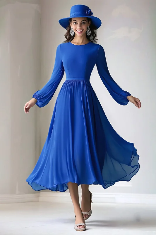 Buttoned Dresses for Stylish -Royal Blue A Line Long Sleeve Round Neck Mother of the Bride Dress