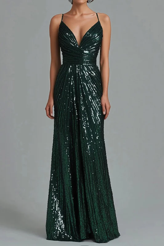 High-waisted Dresses for Flatter -Dark Green Mermaid Spaghetti Straps Sequins Formal Dress