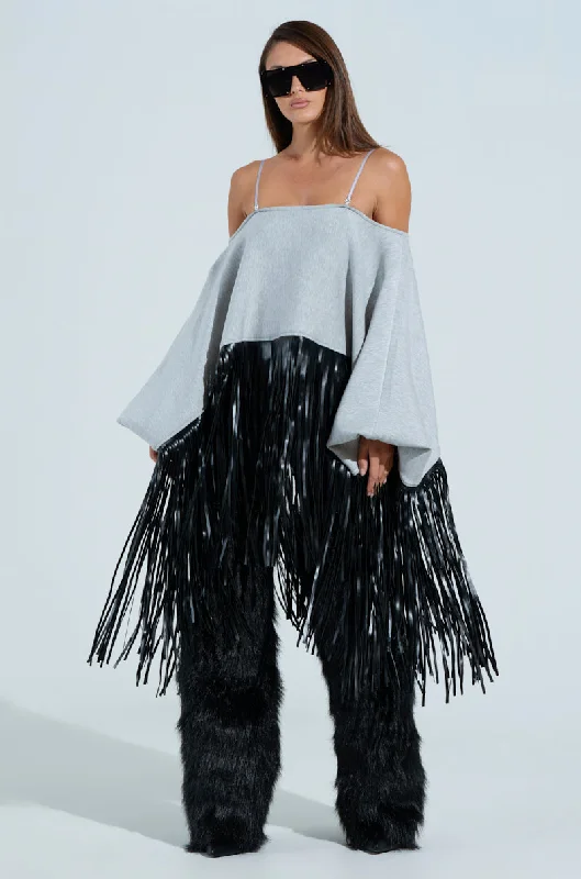 Ethnic Blouses with Tribal Design -CITY GIRL FAUX LEATHER FRINGE SWEATSHIRT