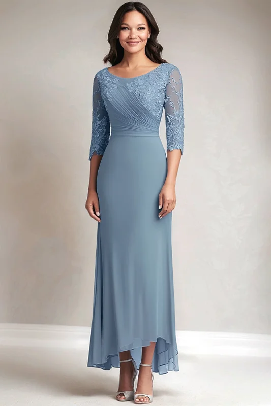 Brown Dresses for Earthy -Chiffon Round Neck Lace Dusty Blue Mother of The Bride Dress with Half Sleeves