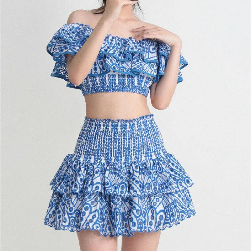 Tarnish Resistant Blouses for Long -Seaside Vacation Style Two-piece Collar Short Ruffled Shirt High Waist Skirt Outfit