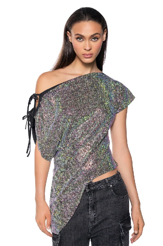 Petite Blouses for Small -GLISTENING ASYMMETRICAL TSHIRT IN GREY MULTI