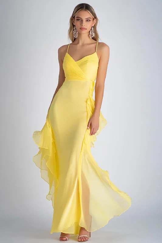 Purple Dresses for Royalty -Light Yellow Spaghetti Straps Mermaid Chiffon Long Wedding Guest Dress