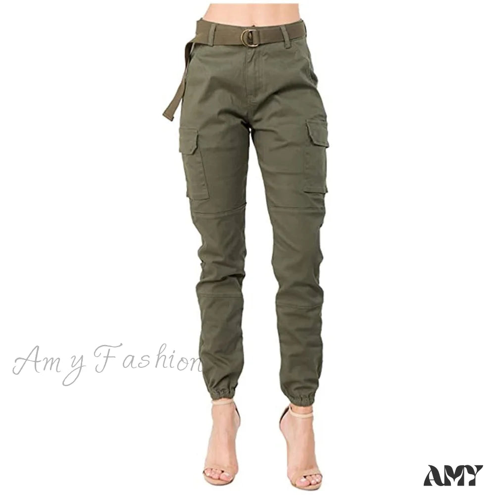 Cargo Pants for Travel with Spacious Storage -Amy Fashion - Solid Pants With Belt Wide Pants Pantalones