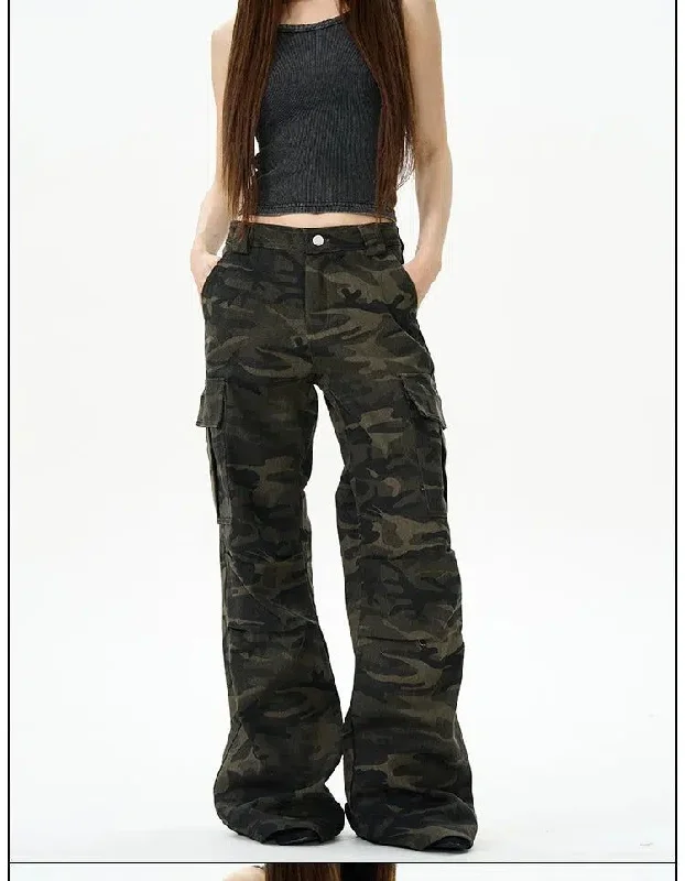 Cargo Pants with Cargo Pockets for Trekking -Dark Camouflage Flared Cargo Pants