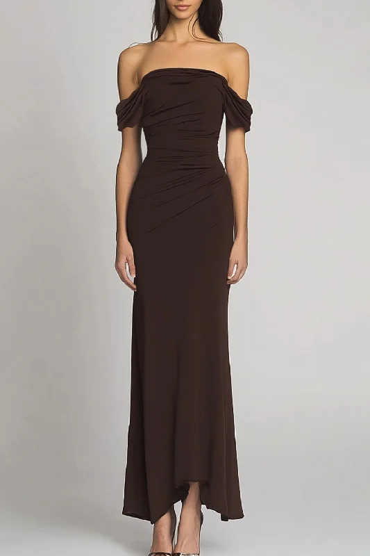 Gray Dresses for Subtle -Dark Brown Off the Shoulder Mermaid Long Formal Dress