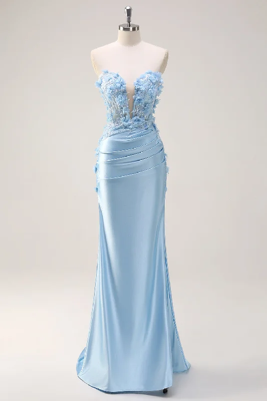 Short-sleeved Dresses for Summer -Sky Blue Mermaid Strapless Sequin Prom Dress With Appliques