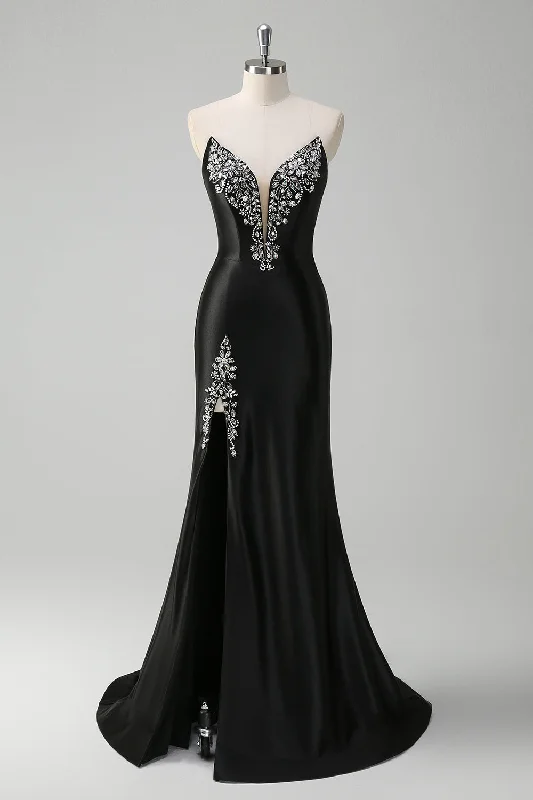 Party Dresses for Celebration -Black Mermaid V Neck Strapless Long Prom Dress with Beading