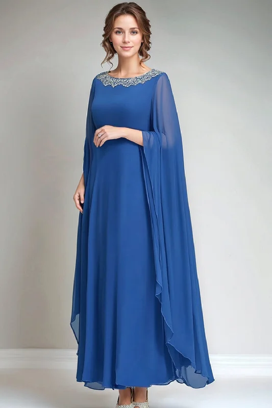 Elastic Dresses for Fit -Blue Round Neck Chiffon A-Line Long Mother of the Bride Dress