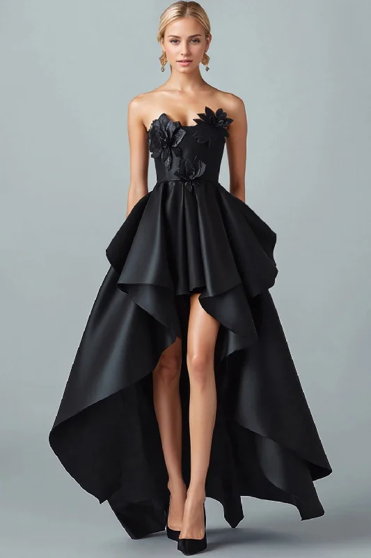 Yellow Dresses for Bright -Sparkly Black Hi-Low A-Line Strapless 3D Flowers Ruffle Satin Formal Dress