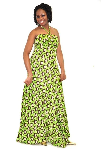 Purple Dresses for Royalty -Green and Brown African Print Maxi Halter Dress