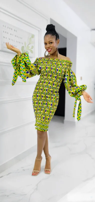 Ball Gown Dresses for Glamour -Layo African Print Ankara Kitenge Smocked Stretch Dress - DPLD450