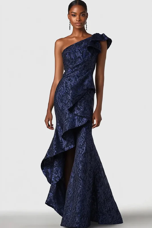 Gothic Dresses with Dark Tone -Navy One Shoulder Ruffled Mermaid Formal Dress