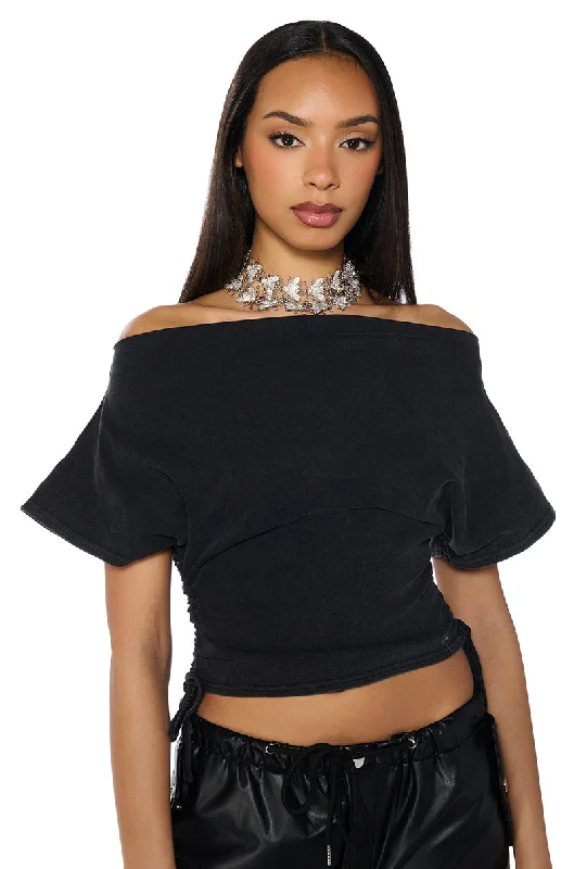 Plus Size Blouses for Curvy -CRAZY IN LOVE SHORT SLEEVE OFF THE SHOULDER TSHIRT IN DARK GREY