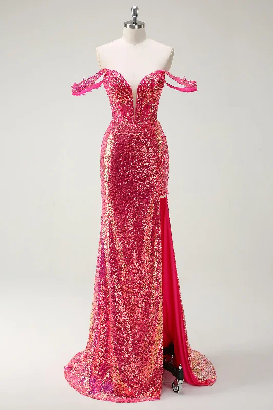 Pink Dresses for Feminine -Fuchsia Mermaid Sequined Off The Shoulder Prom Dress