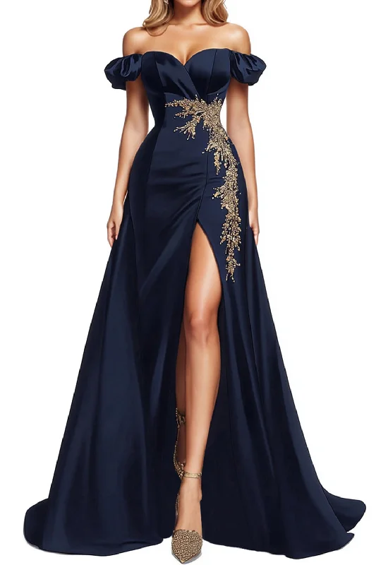 Shift Dresses for Simple Look -Sparkly Small Puff Sleeves Navy Blue Beaded Satin A Line Formal Dress with Slit